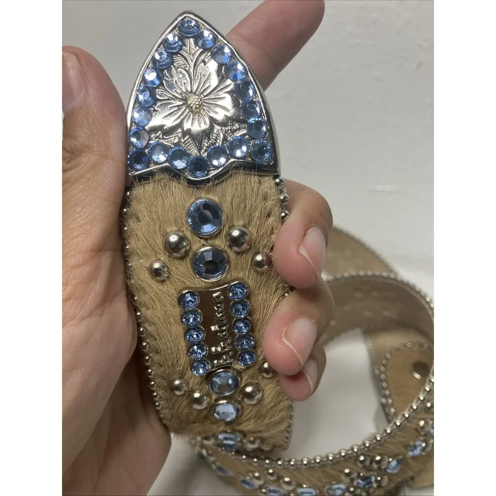 Y2K BB Simon Blue & Beige Cow Hair Size S Womens Western Studded Rhinestone